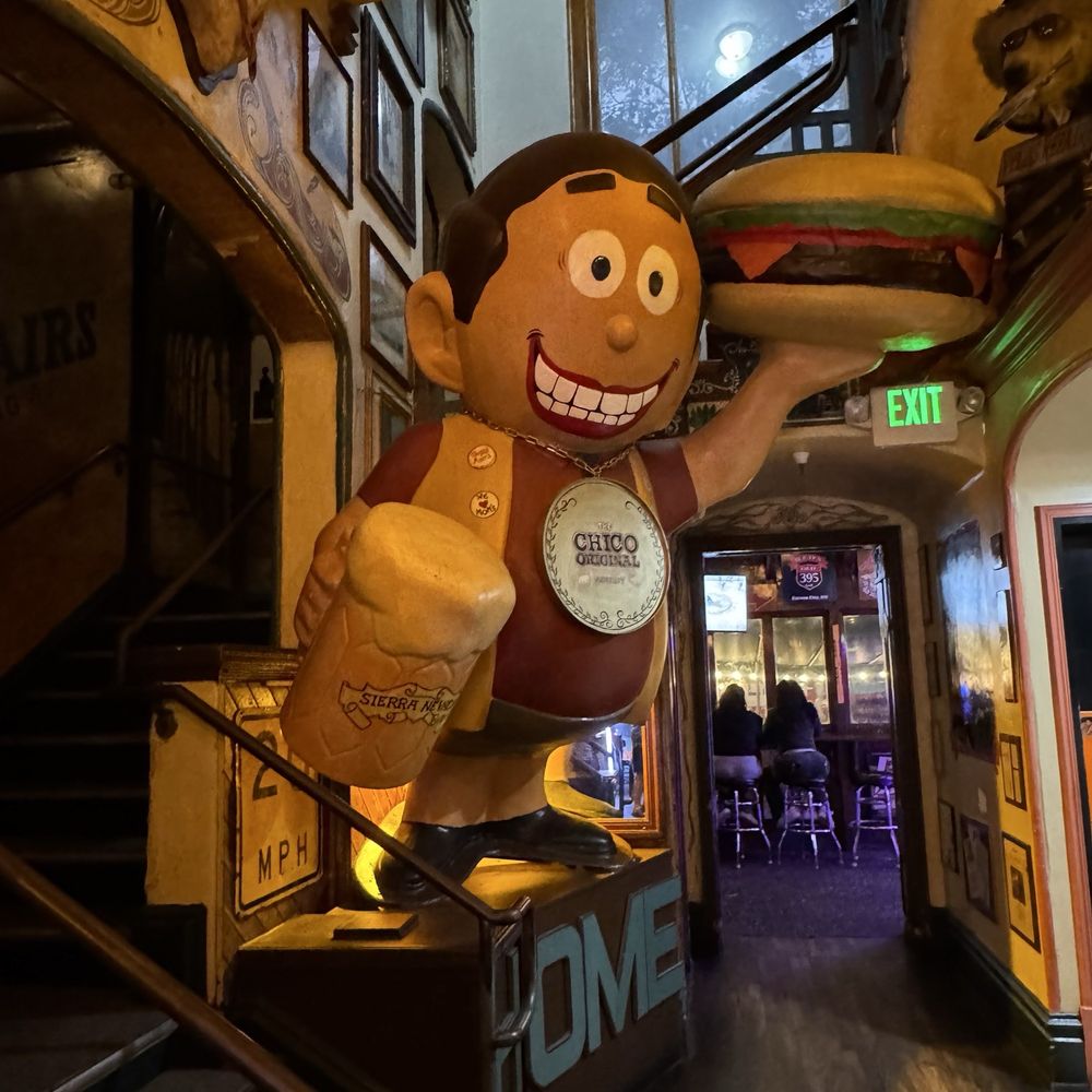 Madison Bear Garden - This cute statue reminded me of the burger boy - Bars Near Me - Chico, California