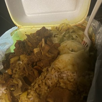 Irie Mon Cafe - "Curry Goat (Halal)" =trash in a container - Caribbean Near Me - Atlanta, Georgia