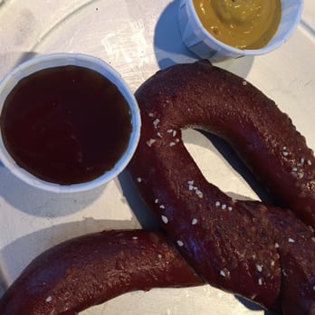 When Pigs Fly Pizzeria - Bavarian pretzel with honey and mustard for dipping. Too dense for me. - Pizza Near Me - Kittery, Maine