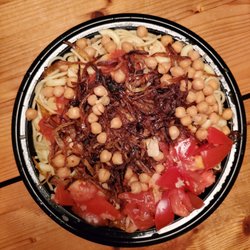 Koshary King - Koshary - spaghetti, macaroni, angel hair pasta, rice, lentils, chickpeas, and fried onions and spicy tomato sauce