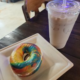 Superman bagel and XL iced chai latte