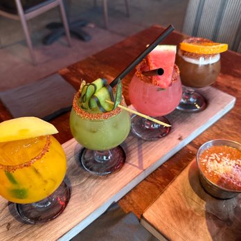 Sol Agave - Margarita Flight $28 Spicy Mango, Cucumber, Watermelon & Tamarindo - New Mexican Cuisine Near Me - Santa Monica, California Sol Agave - Margarita Flight $28 Spicy Mango, Cucumber, Watermelon & Tamarindo - New Mexican Cuisine Near Me - Santa Monica, California