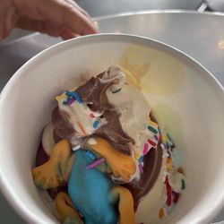 TCBY Promenade Pointe - Chocolate/vanilla swirl with rainbow sprinkles and a frog-shaped gummy.
