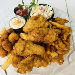 Big Fish Cafe & Dinner House - Clam strips, calamari, french fries, coleslaw