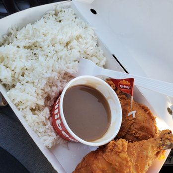 Jollibee - Two spicyyyyyy legs, with steam rice n gravy!! - Fast Food Near Me - Sacramento, California