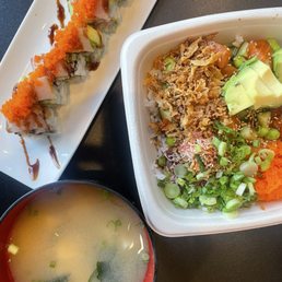 Poke bowl, 18. In and Out Hamachi Roll, 45. Miso Soup Poke bowl, 18. In and Out Hamachi Roll, 45. Miso Soup