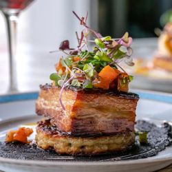 The Spread - Braised Pork Belly with jalapeno coleslaw, Chinese bbq sauce & pineapple salsa