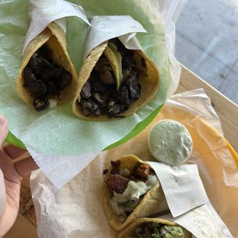 The Taco Stand - 2 mushroom tacos, 1 al pastor taco, 1 carne asada taco - Mexican Near Me - Orange, California