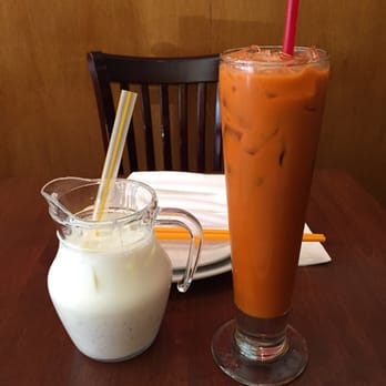 Mingalaba - Tapioca with coconut milk on left, burmese ice tea on right - Burmese Near Me - Burlingame, California