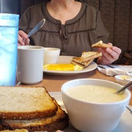 His: Farmer's Omelet, cup of Grits, and GLUTEN FREE toast. Me: scrambled eggs with cheese, cup of grits, and toast. His: Farmer's Omelet, cup of Grits, and GLUTEN FREE toast. Me: scrambled eggs with cheese, cup of grits, and toast.