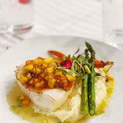 Gwen Marlowe Foods & Catering - Chilean Sea Bass w/Mango Salsa, Potato Puree, Melted Leek Sauce