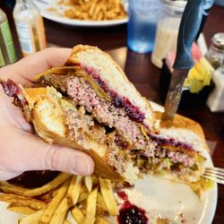 Doug's Diner - Thornton - Cross-section of the Black Betty burger. I did add Bacon, which was chopped-up and easily bit through. Nice touch.
