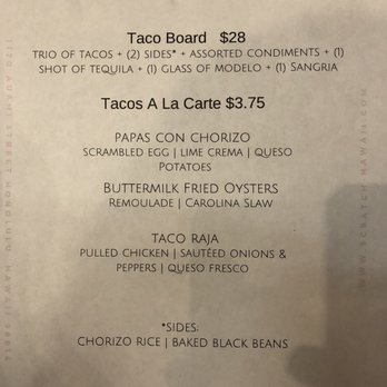 Scratch Kitchen - Taco Tuesday line up (menu changes weekly) - Breakfast & Brunch Near Me - Honolulu, Hawaii Scratch Kitchen - Taco Tuesday line up (menu changes weekly) - Breakfast & Brunch Near Me - Honolulu, Hawaii