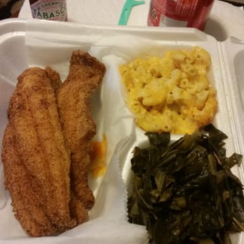 Paula's Soul Cafe - Catfish dinner with sides of mac and cheese and collard greens. Had shrimp too, but ate them before I took the pic.....sorry lol - Seafood Near Me - Bronx, New York Paula's Soul Cafe - Catfish dinner with sides of mac and cheese and collard greens. Had shrimp too, but ate them before I took the pic.....sorry lol - Seafood Near Me - Bronx, New York
