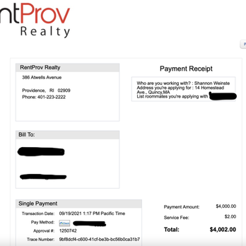 RentProv Realty - A RentProv Realty payment receipt shows the company's address at 386 Atwells Avenue, Providence, RI, with contact details. It includes billing information, payment date and time, payment method, approval number, trace number, and total payment amount of $4,002.00, including service fee. The receipt also contains applicant details and the applicant's address, with some information redacted for privacy. - Real Estate Services Near Me - Providence, Rhode Island