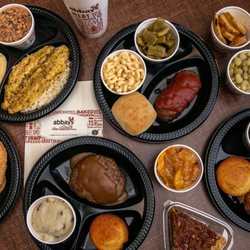 Abbay's - Meatloaf, hamburger steak, baked fish, turnip greens, man n chees