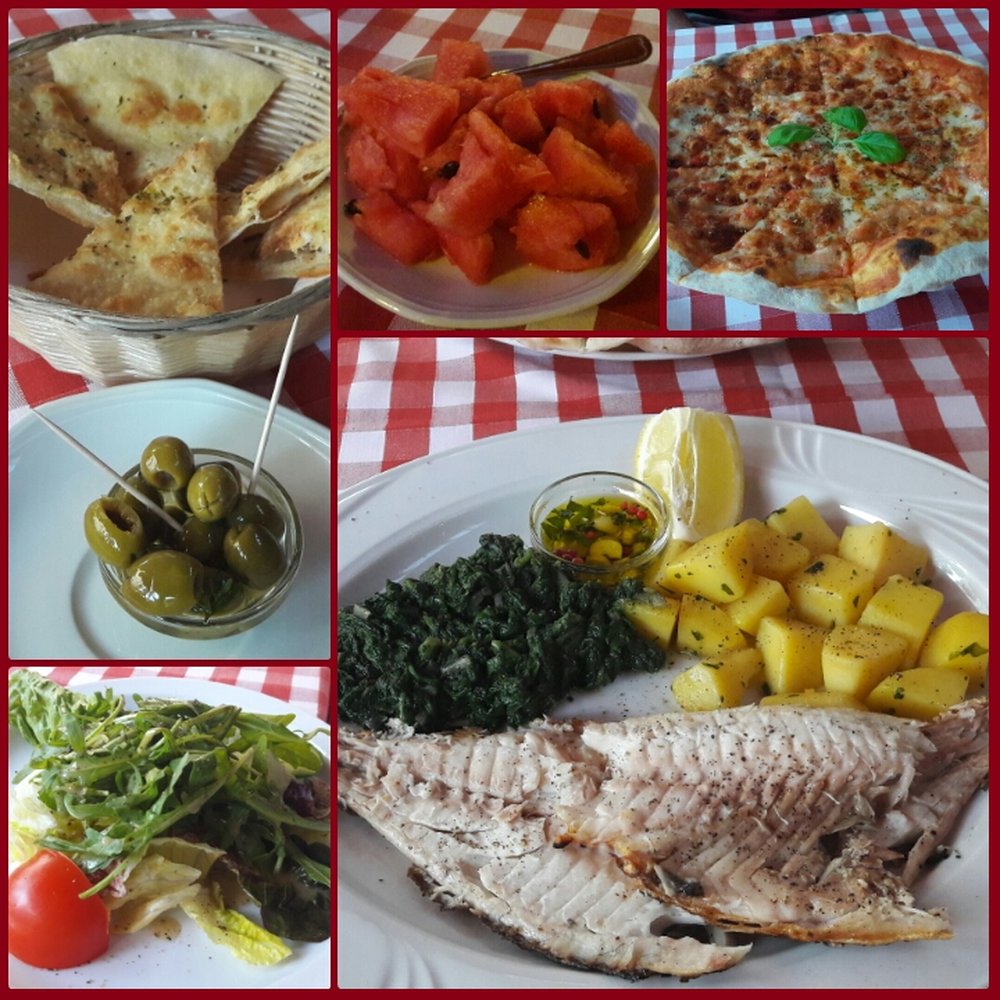 Trattoria Felino - Starter: Flatbread w olives; main: fresh sea bream w spinach&potatos, pizza w mozzarella, tomato, basil, plus salads; dessert: watermelon - Italian Near Me - Berlin, BE Trattoria Felino - Starter: Flatbread w olives; main: fresh sea bream w spinach&potatos, pizza w mozzarella, tomato, basil, plus salads; dessert: watermelon - Italian Near Me - Berlin, BE
