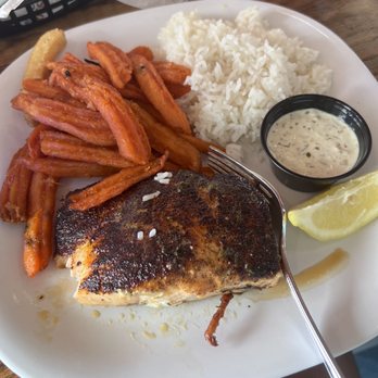 Crabby's Dockside - Salmon, sweet potato fries, and coconut rice - Seafood Near Me - Clearwater Beach, Florida