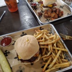 Bambino’s Burgers - Bacon jam burger and truffle fries, bacon cheese burger and potatoes