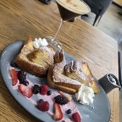 Morning Table - stuffed French toast mixed berry cream cheese filling with fresh berries on top. Chocolate espresso mocktail.