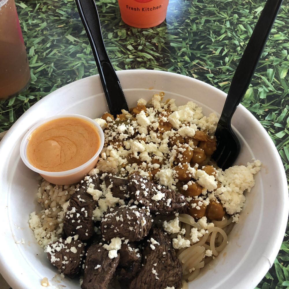 Fresh Kitchen - Four bowl: steak, feta cheese, sweet potato noodles, brown rice, and chickpeas! With coconut sriracha sauce - New American Near Me - Sarasota, Florida Fresh Kitchen - Four bowl: steak, feta cheese, sweet potato noodles, brown rice, and chickpeas! With coconut sriracha sauce - New American Near Me - Sarasota, Florida