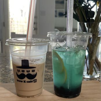 Brew K Cafe - Brown sugar milk tea with tapioca boba and blue lemonade with tapioca boba - Coffee & Tea Near Me - Cibolo, Texas Brew K Cafe - Brown sugar milk tea with tapioca boba and blue lemonade with tapioca boba - Coffee & Tea Near Me - Cibolo, Texas