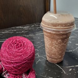 Best Friends Coffee & Bagels - Chocolate banana smoothie and knitting.