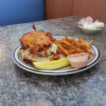 Blue Sky Restaurant - Yiddish sandwich- think Reuben with potato pancakes instead of rye bread! Monday's only - American Near Me - Elyria, Ohio Blue Sky Restaurant - Yiddish sandwich- think Reuben with potato pancakes instead of rye bread! Monday's only - American Near Me - Elyria, Ohio