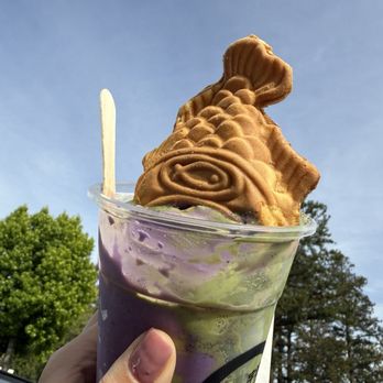 Uji Time Dessert - Taiyaki cone on top of Matcha and Ube soft serve. - Desserts Near Me - Concord, California
