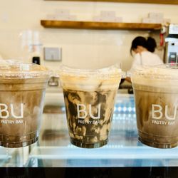 Hojicha Latte (left) + Black Sesame Latte (center) + Cloud Hojicha (rt)