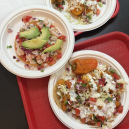 Shrimp tostada, fish tacos, shrimp tacos