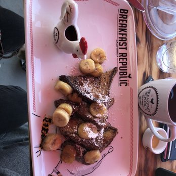Breakfast Republic - Cinnamon Raisin French Toast w/ Bananas Foster (the first dish, can kind of see the burnt edges) - Breakfast & Brunch Near Me - Costa Mesa, California