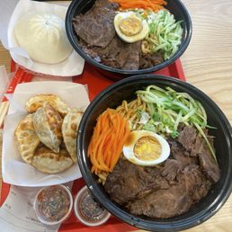 Pork and Chives Dumplings, Cha Siu Bao, Five Spice Marinaded Beef Noodle Pork and Chives Dumplings, Cha Siu Bao, Five Spice Marinaded Beef Noodle