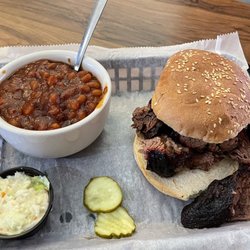 Snead's Bar-B-Q - "Brownie sandwich" with beans and slaw