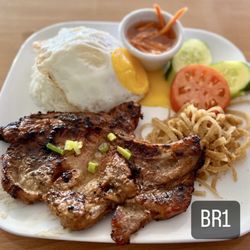 Vietnam Bistro - BR 1 White rice with grilled pork chop, pork skins and sunny side up egg
