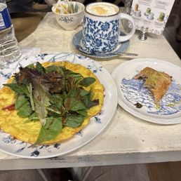 make your own omelette,  pistacho croissant, and honey hot vanilla honeybutter latte with sweet corn foam & cornbread crumbs