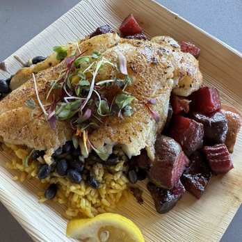 Spearfish Grille - Big fish rice and beans, side of roasted vegetables - Seafood Near Me - Sarasota, Florida Spearfish Grille - Big fish rice and beans, side of roasted vegetables - Seafood Near Me - Sarasota, Florida