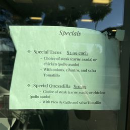 Specials menu Specials menu