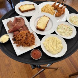 Dixies Down Home Cooking - Shrimp, Mac and cheese, chicken and brisket and creamy mashed potatoes.