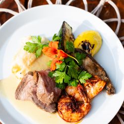 Little Rock Farm Catering - Beef Tenderloin with Horseradish Sauce, Shrimp Mojo de Ajo, Potatoes Au Gratin, Grilled Seasonal Vegetables