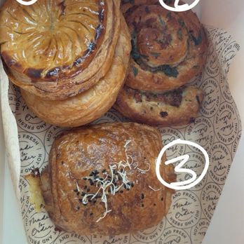 The Le Bakery - 1.King Cake (Almond) 2. Maple Sausage and i think sage 3. Ham and Gruyère Croissant - Bakeries Near Me - Albuquerque, New Mexico