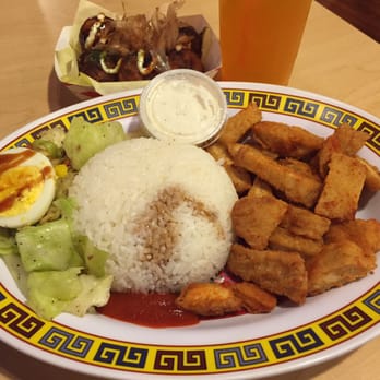 Tea N More - Popcorn Chicken Rice Meal $6.25 and takoyaki and large passion fruit green tea drink in the back. - Coffee & Tea Near Me - San Diego, California