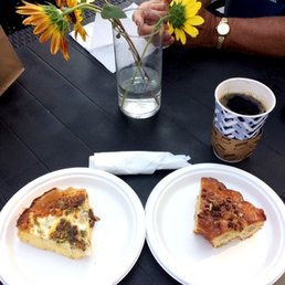Quiche, apple caramel cake with coffee.