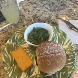 Rock Steady Caribbean N Soul Food - Pulled Jerk Chicken Sandwhich with Green beans and a side of cornbread