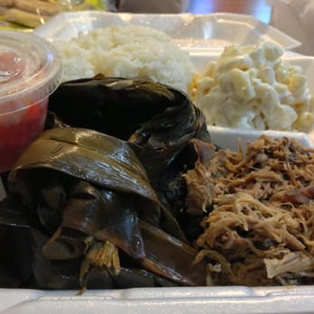 North Shore Grinds - Lau Lau with Kalua Pig and Lomi Lomi Salmon with White Rice and Mac Salad - Hawaiian Near Me - Honolulu, Hawaii North Shore Grinds - Lau Lau with Kalua Pig and Lomi Lomi Salmon with White Rice and Mac Salad - Hawaiian Near Me - Honolulu, Hawaii