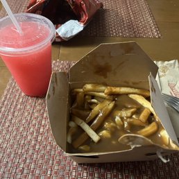 Frosted red lemonade & poutine (too much gravy)