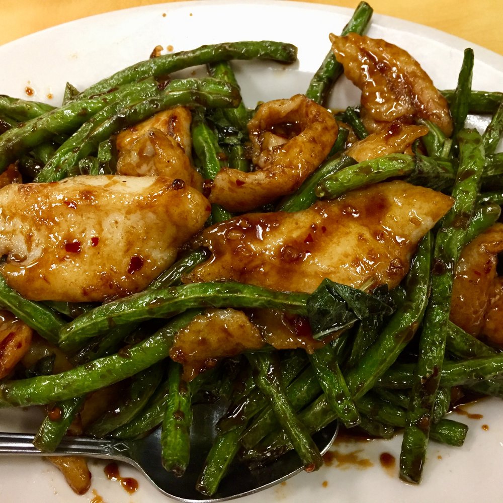 Custom ordered Sliced Fish Filet with String Beans only in the Thai Style (basil in spicy thai fish sauce) with light sauce. So good!