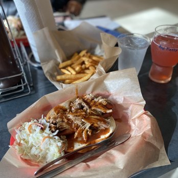 Big Fatty's BBQ - Carolina dog slaw and fries I cannot remember the name of the beer, but it was good. - Barbeque Near Me - White River Junction, Vermont