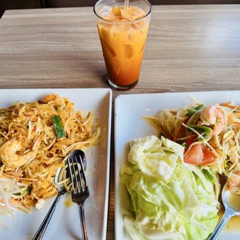 Thai On Fire - Shrimp pad Thai & papaya salad, Thai iced tea. - Thai Near Me - Fountain Valley, California Thai On Fire - Shrimp pad Thai & papaya salad, Thai iced tea. - Thai Near Me - Fountain Valley, California
