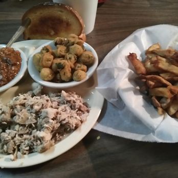 Jon Boy's Smoke House - Pork Barbeque Plate with Fries, Baked Beans, Okra and Texas toast and a large sweet tea to wash it all down with. Absolutely delicious! - Barbeque Near Me - Roanoke, Alabama